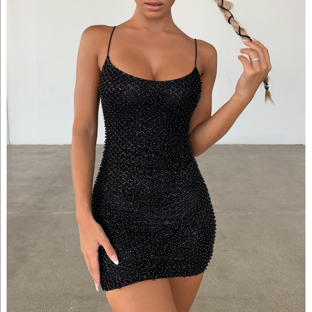 DROP A GLINT EMBELLISHED MINI DRESS IN BLA…
